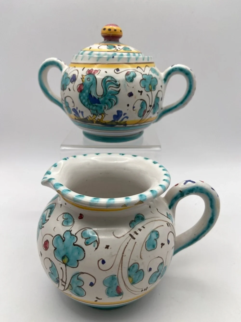 Hand Crafted Deruta Orvieto Rooster Creamer & Sugar Bowl Set Vintage